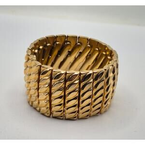 Vintage Gold Tone Wide Stretch Bracelet Textured Statement Cuff 80s Retro